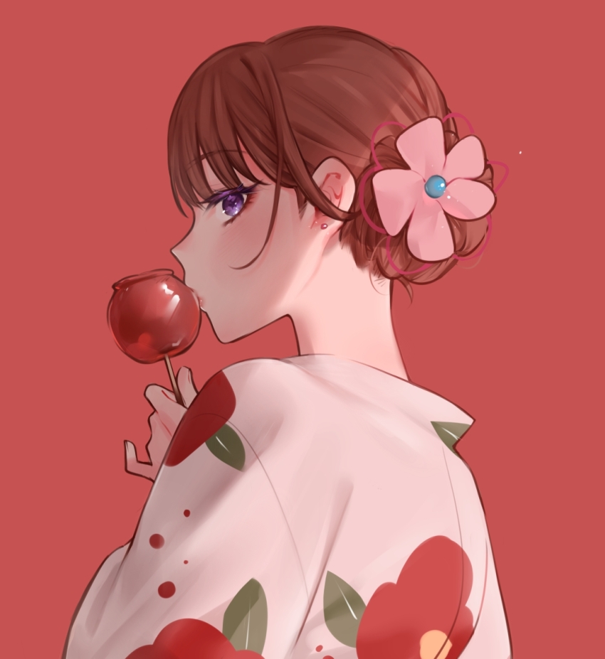 1girl, alternate_hairstyle, brown_hair, candy_apple, commentary_request, earrings, eating, floral_print