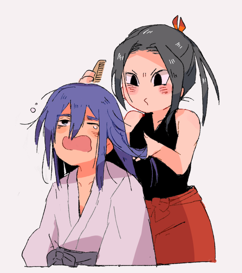 1boy, 1girl, black_eyes, blue_hair, blush, brushing_another's_hair, brushing_hair, comb