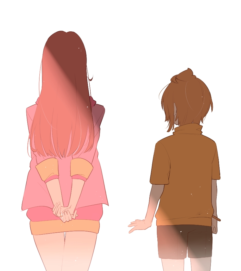 1boy, 1girl, age_difference, arms_behind_back, black_shorts, brown_hair, facing_away, from_behind