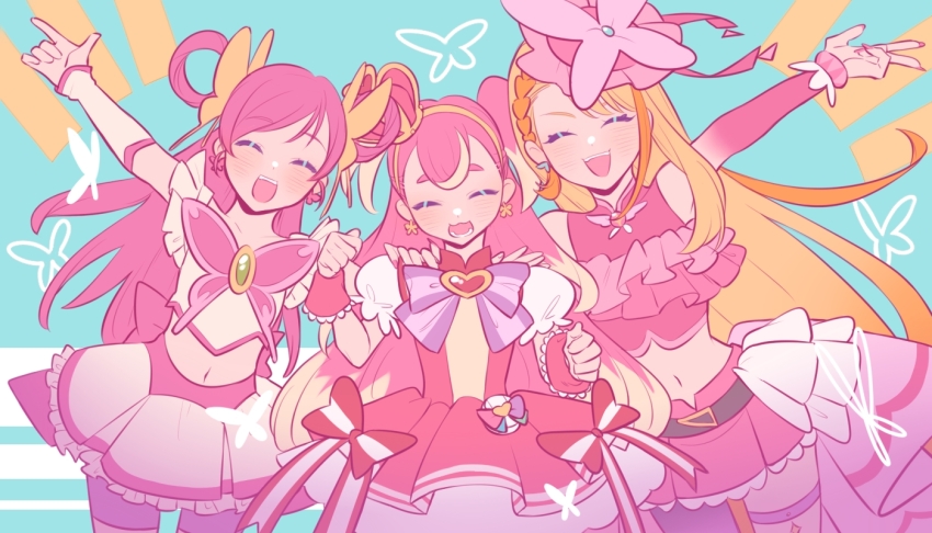 3girls, :3, arm_up, back_bow, bike_shorts, bike_shorts_under_skirt, blonde_hair, bow