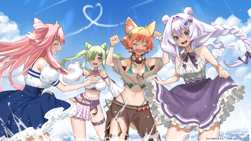 4girls, airi_viridis, animal_ear_fluff, arm_garter, asymmetrical_clothes, bead_necklace, beads, belt