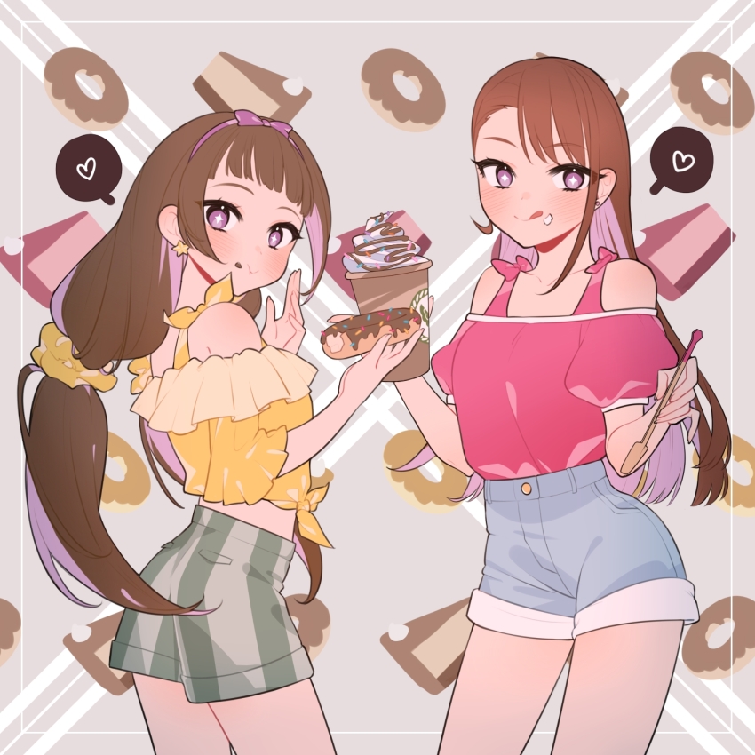 +_+, 2girls, :q, amanogawa_kirara, asymmetrical_bangs, blue_shorts, blunt_bangs, brown_hair, cake, cake_slice, cappuccino, casual, clothing_cutout, commentary, cup, denim, denim_shorts, donut, earrings, food, food_on_face, from_side, front-tie_top, go!_princess_precure, grey_shorts, hair_ornament, hair_ribbon, hair_scrunchie, heart, hello_silly0081, highres, hijiri_ageha, hirogaru_sky!_precure, holding, holding_cup, holding_food, holding_spoon, in-franchise_crossover, jewelry, licking_lips, long_hair, looking_at_viewer, looking_back, midriff, multiple_girls, pink_shirt, precure, purple_eyes, purple_ribbon, ribbon, scrunchie, shirt, short_shorts, short_sleeves, shorts, shoulder_cutout, spoken_heart, spoon, standing, star_(symbol), star_earrings, stud_earrings, tongue, tongue_out, twintails, yellow_scrunchie, yellow_shirt