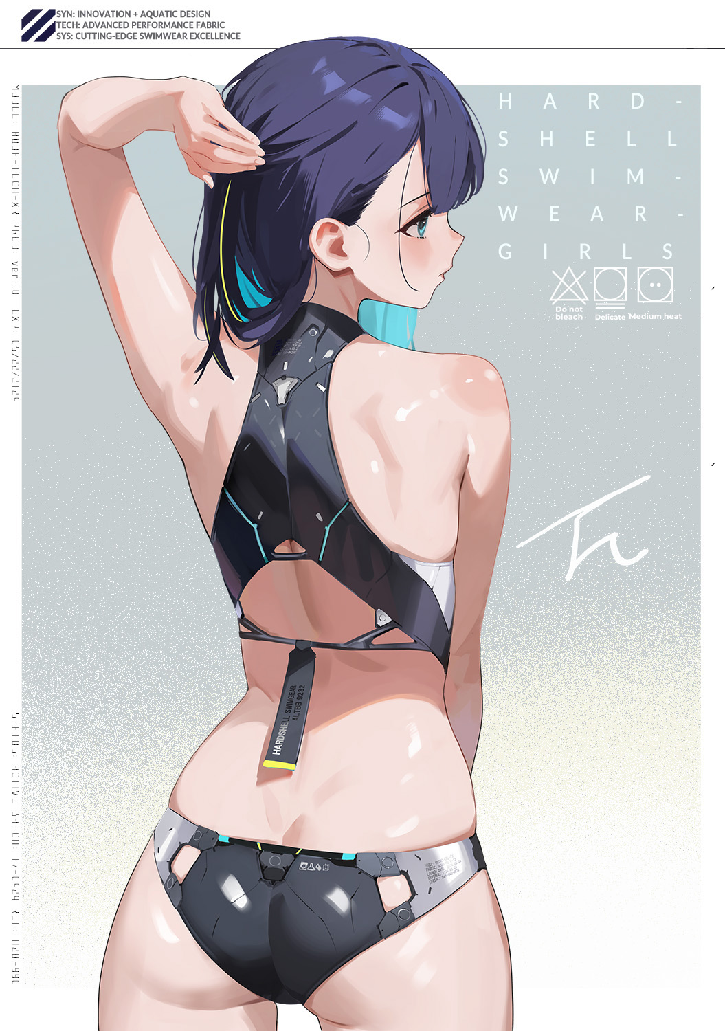 bikini, black_bikini, black_hair, blue_eyes, butt_crack, from_behind, groin, hand_on_own_head