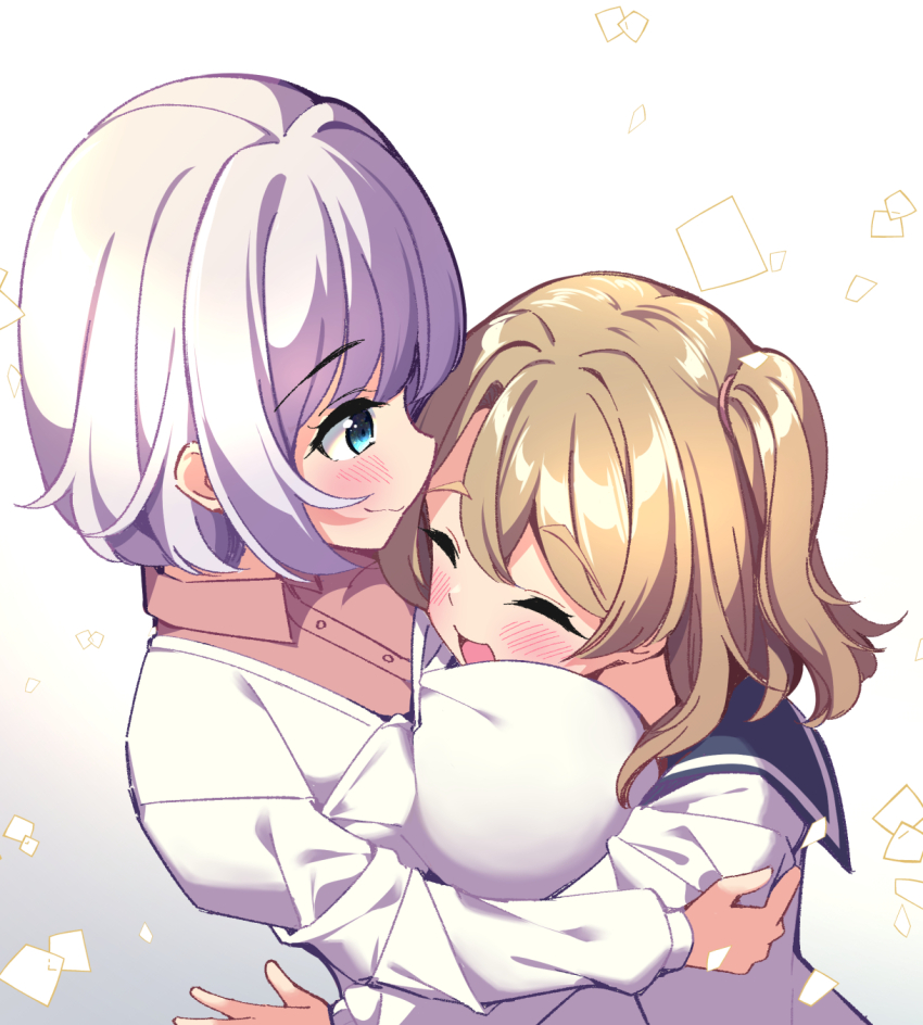 2girls, age_difference, between_breasts, blonde_hair, blush, bob_cut, breasts, face_between_breasts, face_to_breasts, from_above, grandmother_and_granddaughter, happy, head_between_breasts, height_difference, highres, hikotou_(sao73cat), hug, jiisan_baasan_wakagaeru, large_breasts, medium_hair, multiple_girls, one_side_up, sailor_collar, saitou_ine, saitou_mino, school_uniform, smile, upper_body
