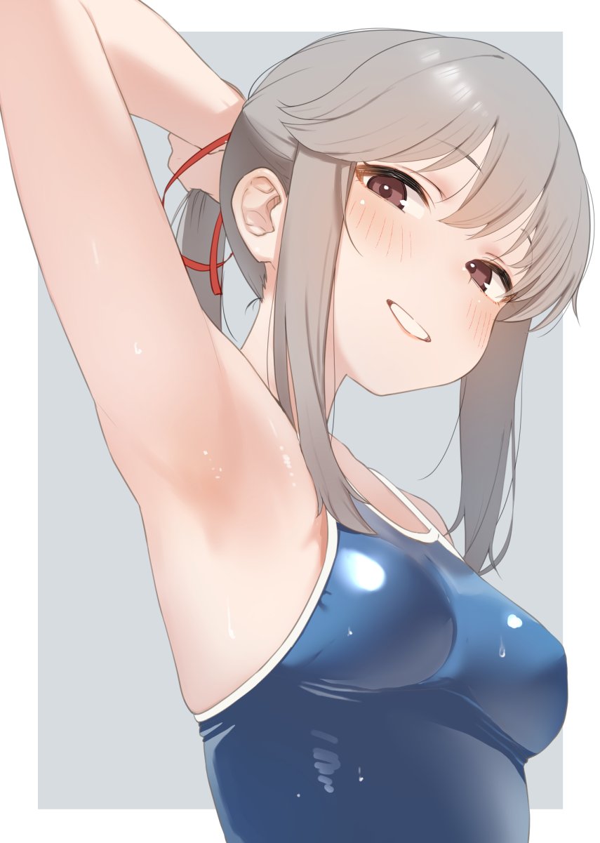 1girl, adjusting_hair, alternate_costume, arm_up, armpit_focus, armpits, arms_behind_head, blue_one-piece_swimsuit, blush, border, breasts, commentary_request, from_below, grey_background, grey_hair, hair_between_eyes, hair_ribbon, highres, kantai_collection, long_hair, looking_at_viewer, medium_breasts, old_school_swimsuit, one-piece_swimsuit, outside_border, ponytail, red_eyes, red_ribbon, ribbon, sakiecho, school_swimsuit, shiny_skin, sidelocks, simple_background, skindentation, smile, solo, swimsuit, teeth, upper_body, usugumo_(kancolle), white_border
