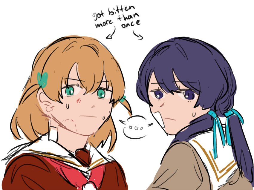 ..., 2girls, arrow_(symbol), bite_mark, bite_mark_on_face, blue_eyes, blue_hair, blue_ribbon