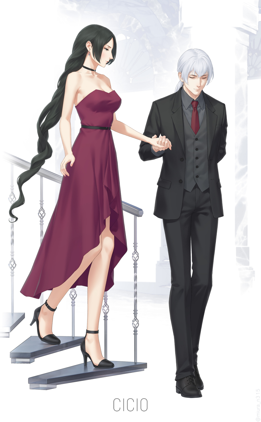 1boy, 1girl, absurdres, black_footwear, black_hair, character_request, commentary, dress, earrings, fata_morgana_no_yakata, formal_clothes, giselle_(fata_morgana_no_yakata), high_heels, highres, holding_hands, jewelry, long_hair, michel_bollinger, miura-n315, necktie, stairs, suit, very_long_hair, vest, white_hair