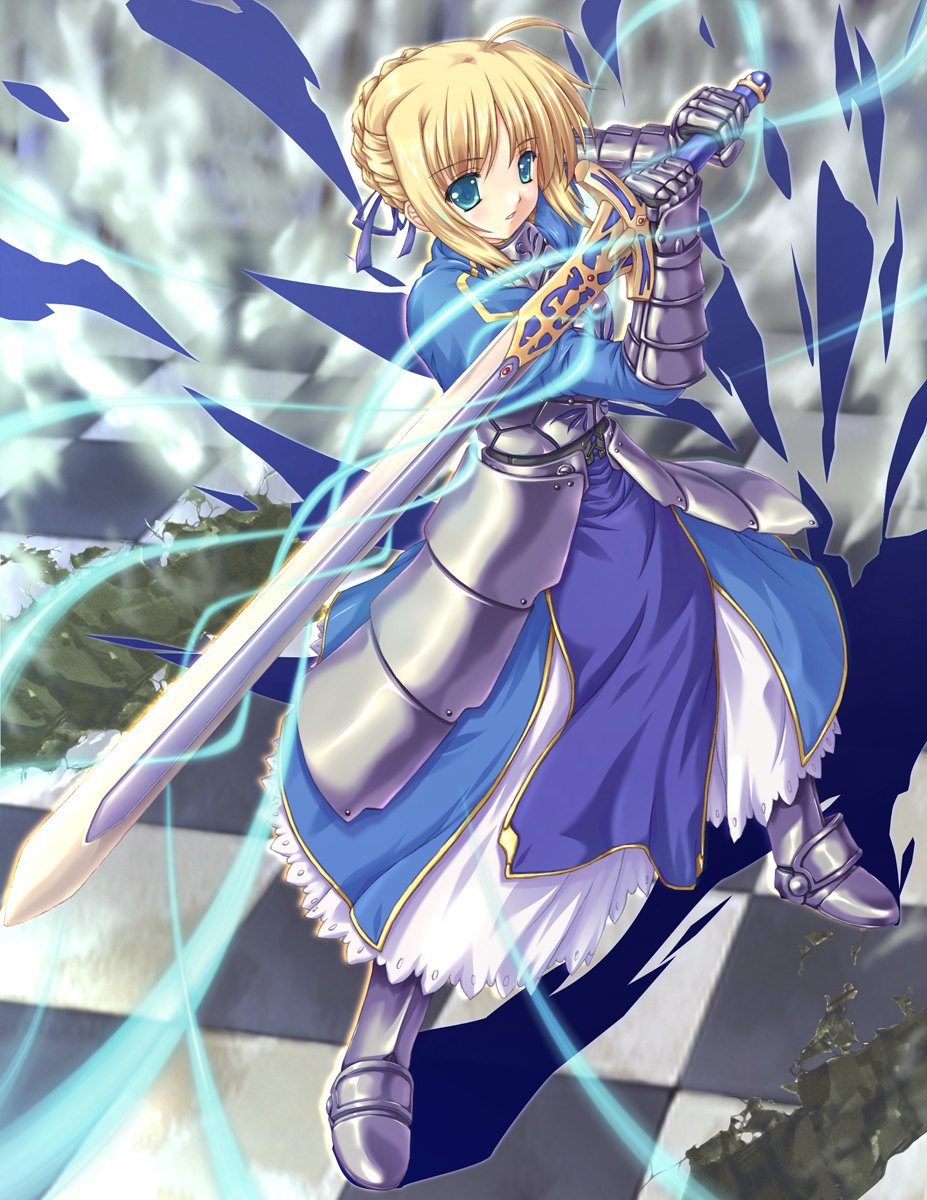 1girl, ahoge, amami-masumasu, armor, armored_dress, artoria_pendragon_(fate), blonde_hair, caliburn_(fate), dress, fate/stay_night, fate_(series), faulds, female_focus, green_eyes, highres, saber_(fate), solo, sword, wakou_tensui, weapon