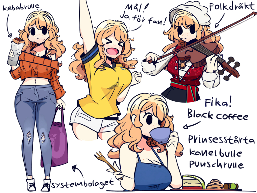 1girl, blonde_hair, cropped_sweater, drinking, eating, highres, ida_(murgoten), instrument