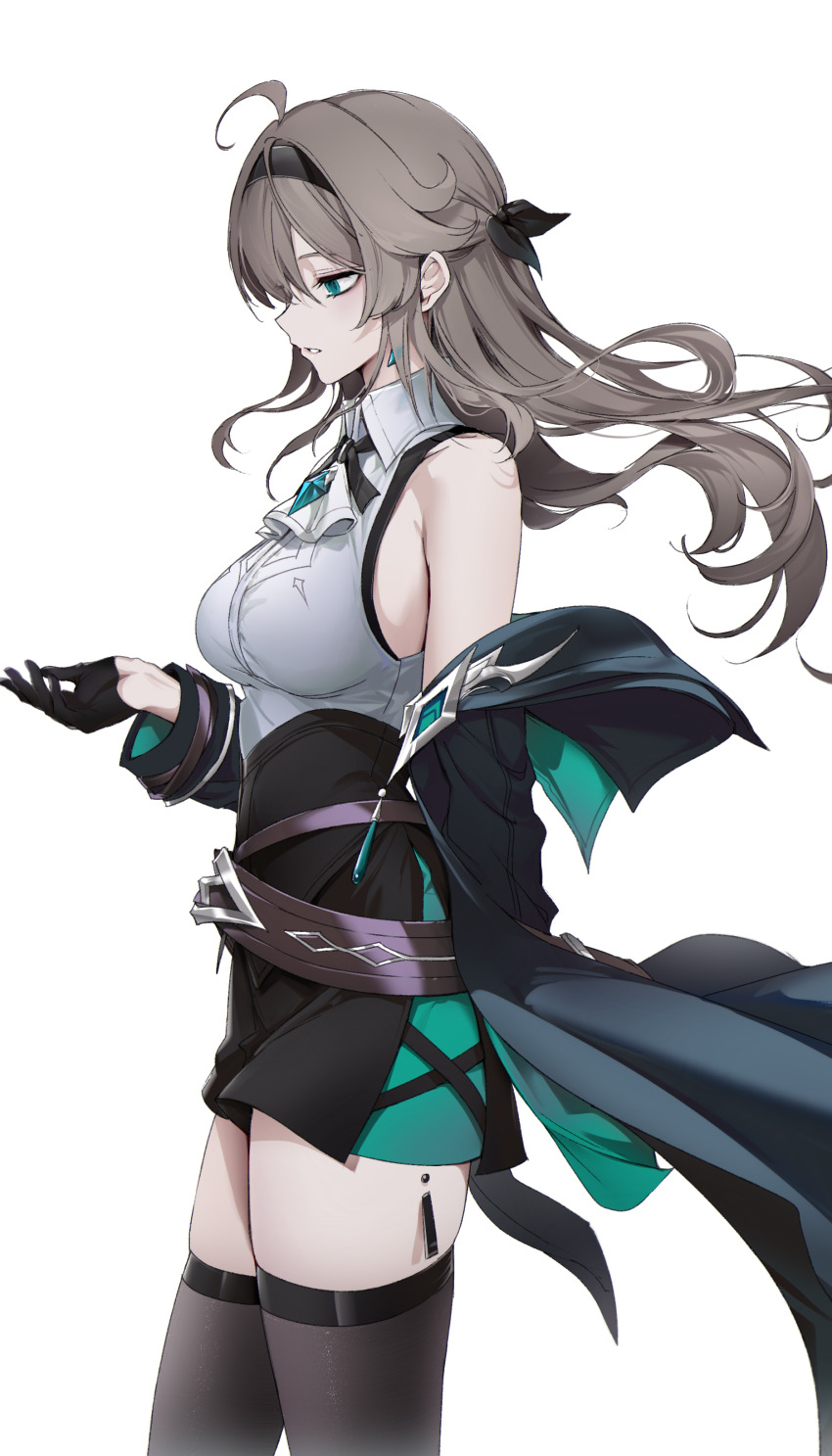 1girl, absurdres, bare_shoulders, black_gloves, black_hairband, black_jacket, black_skirt, black_thighhighs, breasts, earrings, elsword, floating_hair, gloves, green_eyes, grey_hair, hairband, half_gloves, high-waist_skirt, highres, jacket, jewelry, lithia_beryl_(elsword), long_hair, long_sleeves, medium_breasts, off_shoulder, rima_clavis_(elsword), simple_background, skirt, solo, tanjel, thighhighs, white_background