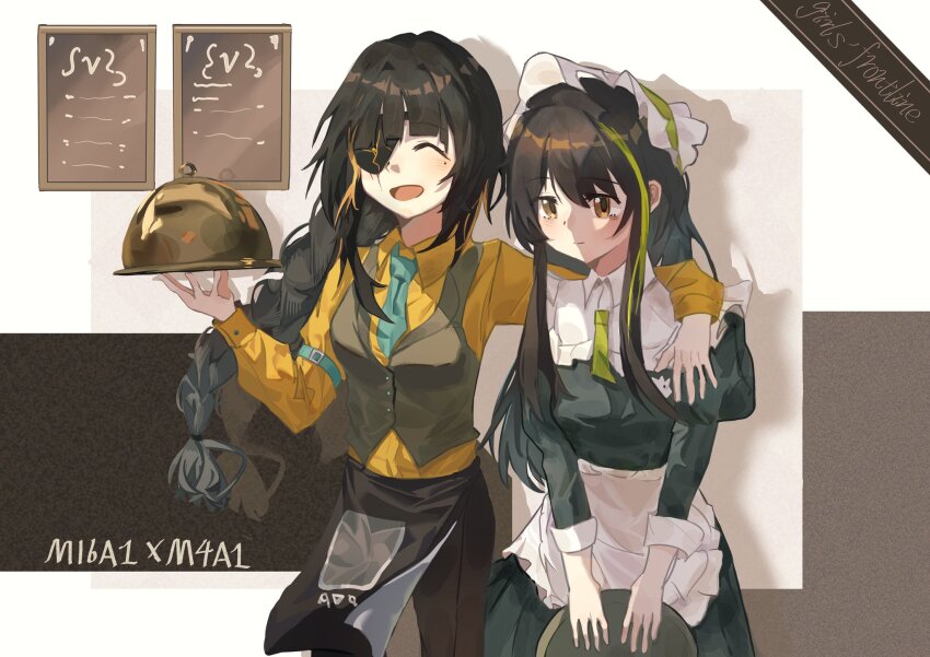 2girls, apron, blue_necktie, braid, brown_apron, brown_eyes, brown_hair, brown_pants