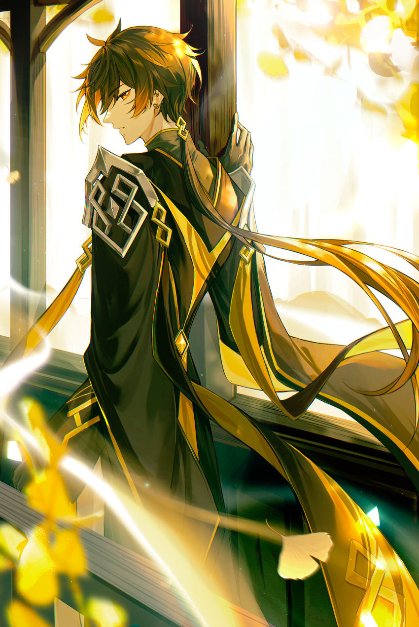 1boy, absurdres, black_gloves, black_hair, blurry, brown_hair, closed_mouth, coat, dao_jisland, earrings, from_behind, genshin_impact, ginkgo_leaf, gloves, gradient_hair, hair_between_eyes, highres, jacket, jewelry, leaf, long_hair, long_sleeves, looking_at_viewer, looking_back, low_ponytail, male_focus, multicolored_hair, official_alternate_costume, orange_hair, ponytail, profile, single_earring, solo, tassel, tassel_earrings, window, yellow_eyes, zhongli_(genshin_impact), zhongli_(lantern_rite)_(genshin_impact)