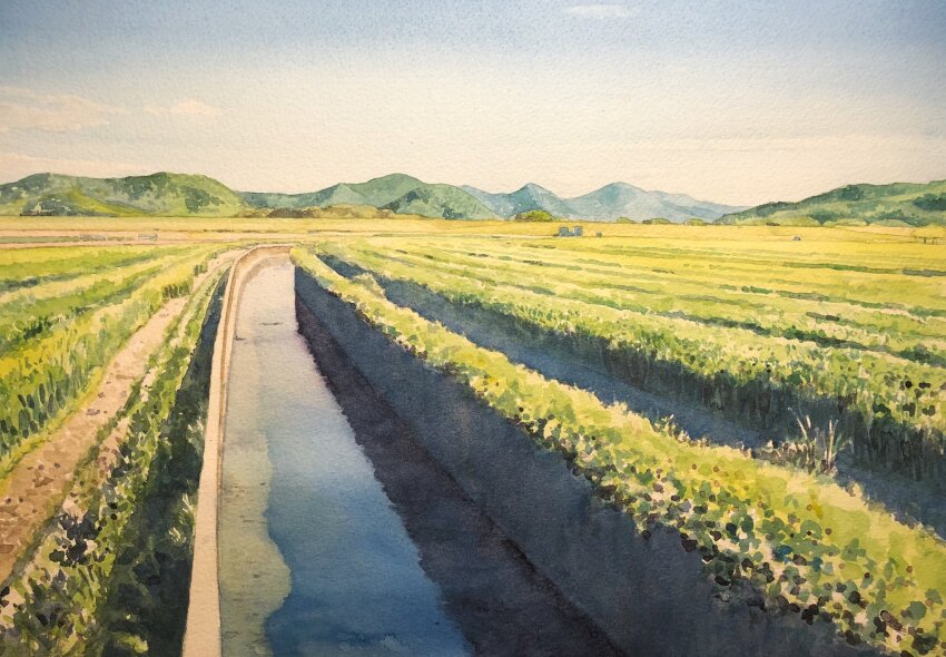 canal, day, farm, highres, landscape, mouen_tw, mountain, mountainous_horizon