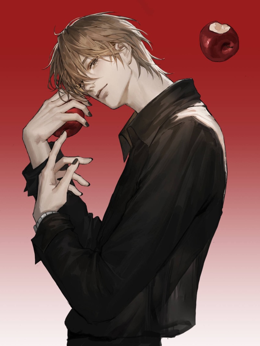 1boy, apple, bishounen, black_nails, black_pants, black_shirt, brown_eyes, brown_hair