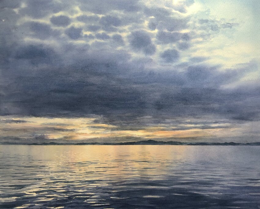 blue_sky, cloud, cloudy_sky, day, highres, landscape, mouen_tw, no_humans, ocean, original, painting_(medium), shadow, sky, sunset, traditional_media, water, watercolor_(medium)