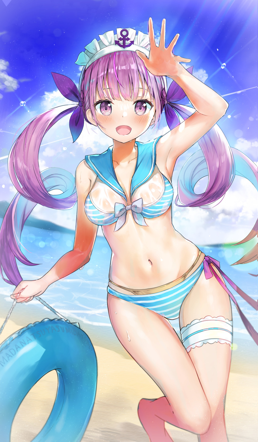 1girl, :d, absurdres, ahoge, anchor_symbol, arm_up, armpits, beach