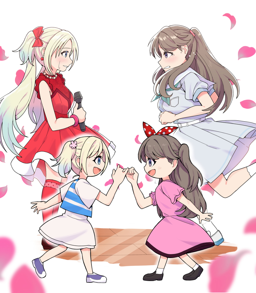 4girls, aged_down, aqua_neckerchief, black_footwear, blonde_hair, blue_eyes, blue_hair, blue_shirt