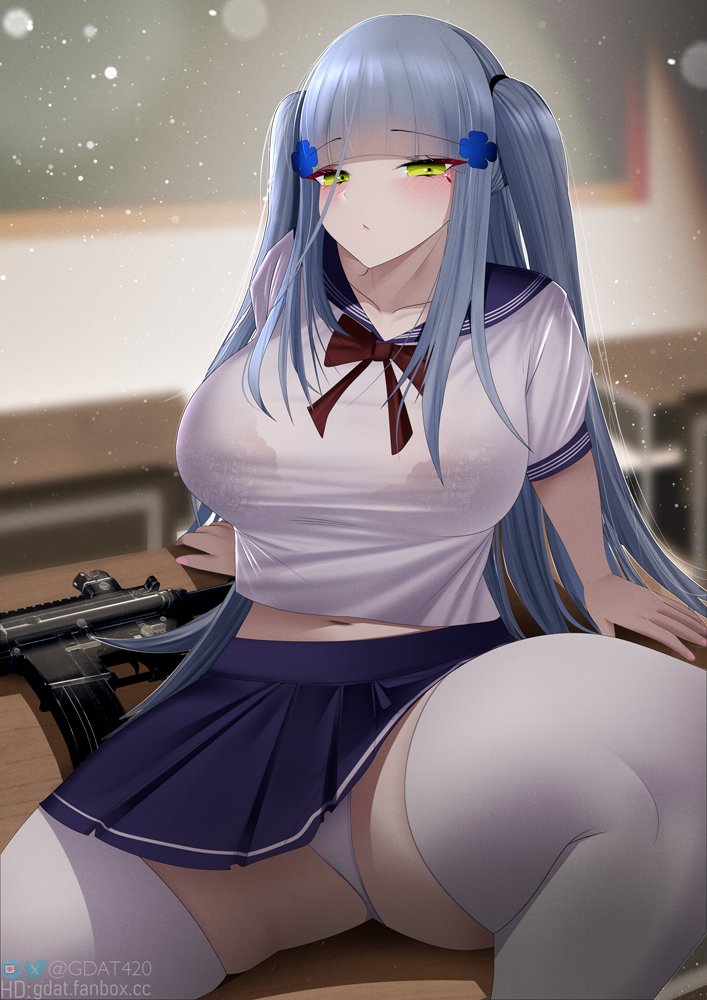 1girl, assault_rifle, blue_skirt, blush, bra, breasts, classroom, cleavage, facial_mark, gdat, girls'_frontline, green_eyes, grey_hair, gun, h&amp;k_hk416, hair_ornament, hk416_(girls'_frontline), horizontal-striped_skirt, large_breasts, long_hair, looking_at_viewer, navel, neckerchief, panties, pleated_skirt, red_bra, rifle, sailor_collar, school_uniform, see-through_clothes, see-through_shirt, serafuku, shirt, sitting, sitting_on_table, skirt, solo, spread_legs, tattoo, teardrop, teardrop_tattoo, thighhighs, twintails, underwear, very_long_hair, weapon, white_panties