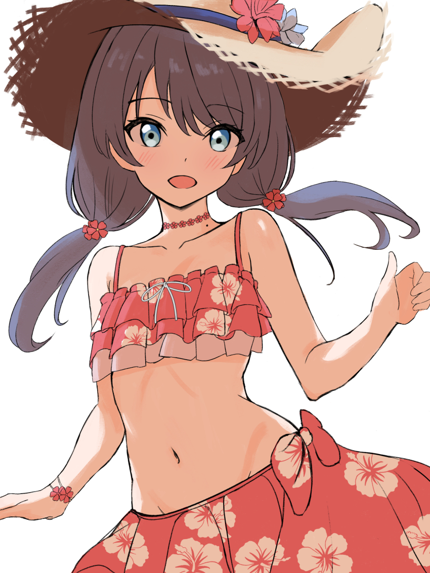 1girl, bikini, bikini_skirt, blue_eyes, blue_hair, blush, breasts, choker