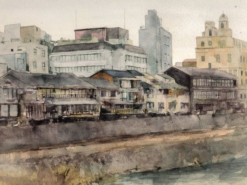 apartment, balcony, building, canal, city, cityscape, highres, kamogawa_(chiba)