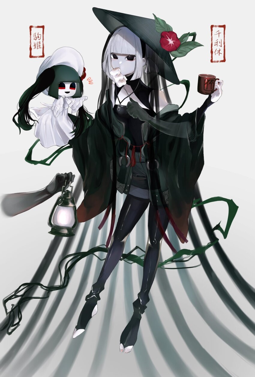 1girl, black_eyes, character_doll, cup, disembodied_hand, doll, eating, fate/grand_order