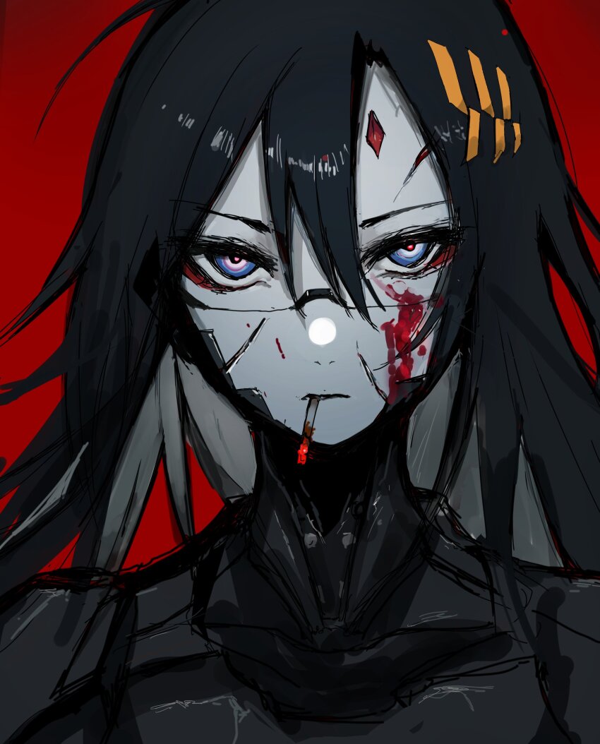 1girl, absurdres, android, black_hair, blood, blood_on_face, blue_eyes, chuhaibane