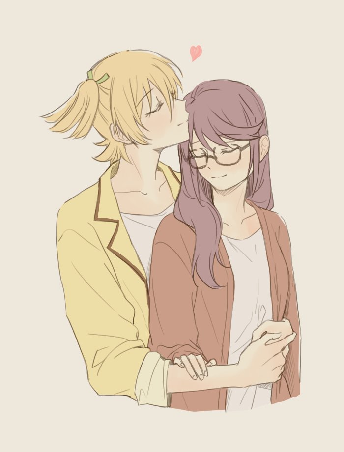 2girls, arm_at_side, black-framed_eyewear, blonde_hair, brown_shirt, closed_eyes, closed_mouth, collarbone