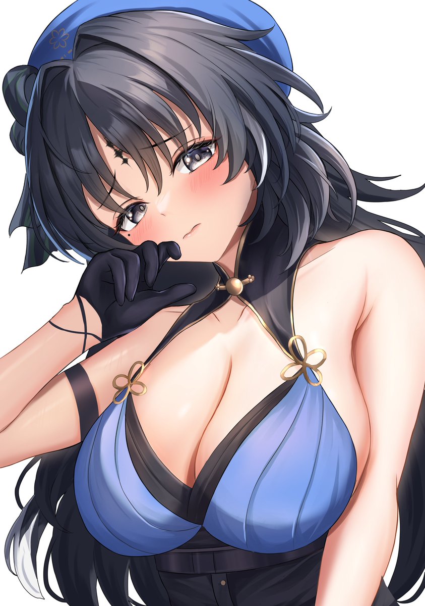 1girl, alternate_breast_size, armpit_crease, bare_shoulders, beret, black_bow, black_collar, black_gloves