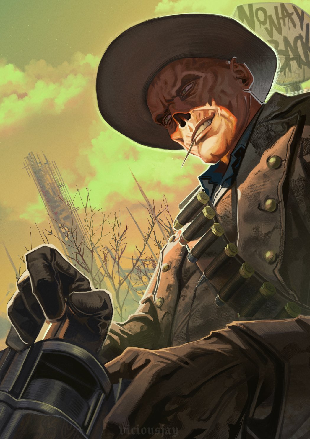 1boy, artist_name, bandolier, belt, black_gloves, brown_hat, brown_jacket, bullet, cloud, cowboy_hat, fallout_(prime_video), fallout, ghoul_(fallout), gloves, green_eyes, gun, hat, highres, holding, holding_bullet, holding_gun, holding_weapon, jacket, outdoors, reloading, solo, the_ghoul_(fallout_tv_series), toothpick, upper_body, viciousjay, weapon