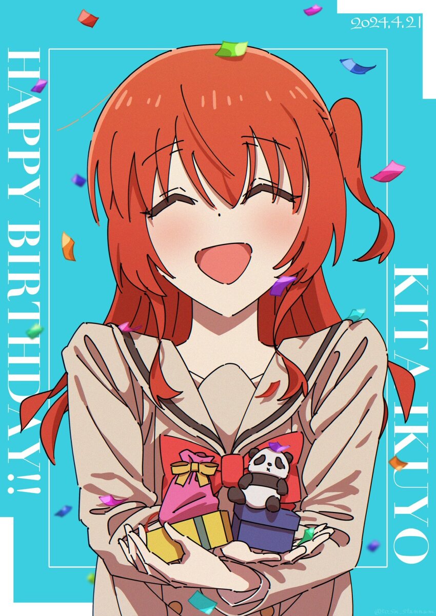 1girl, 50_sn_stannum, ^_^, blue_background, blush, bocchi_the_rock!, bow, bowtie