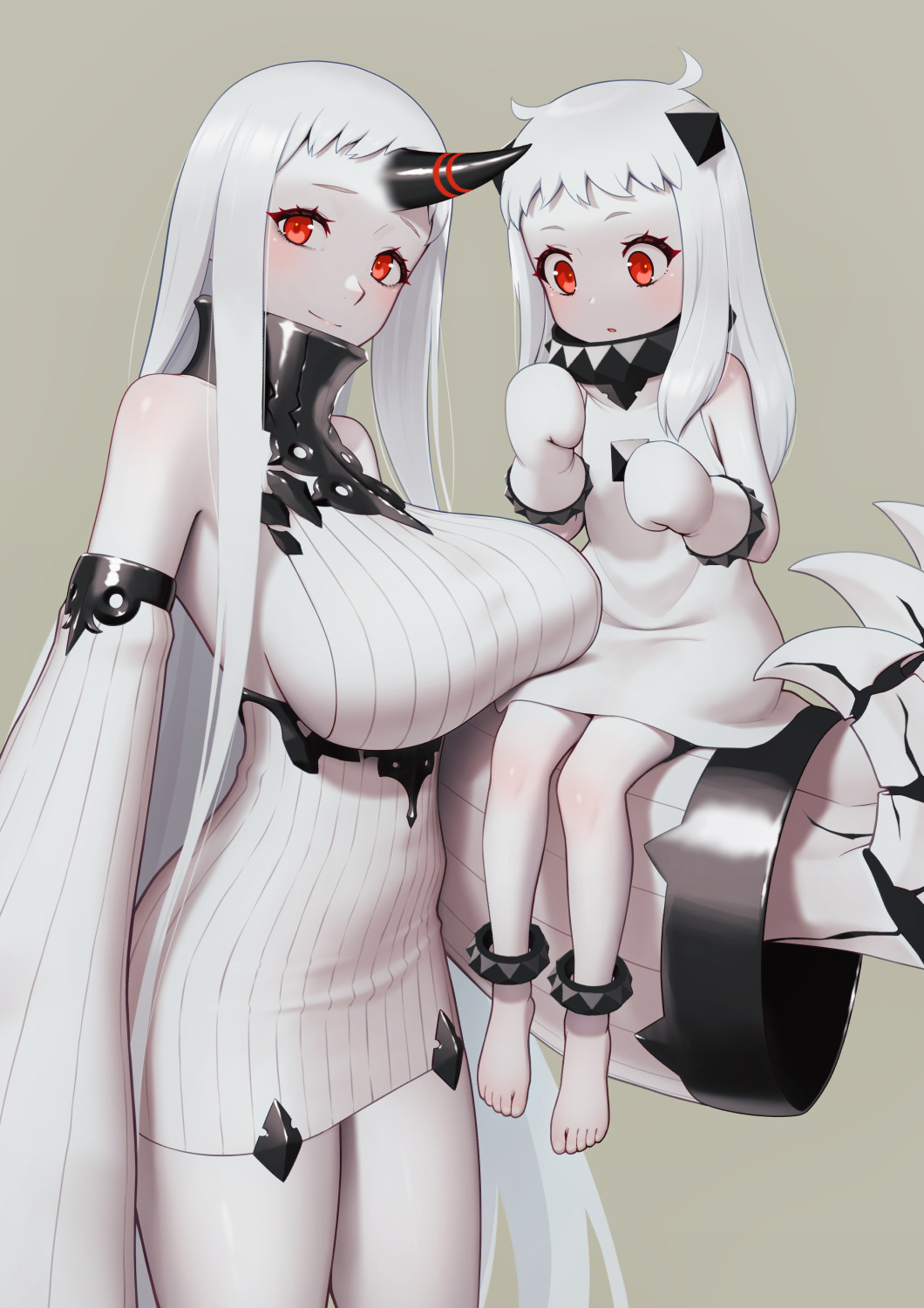 2girls, abyssal_ship, bare_shoulders, black_horns, blush, breasts, claws, closed_mouth, detached_sleeves, dress, flat_chest, grey_background, highres, horns, kantai_collection, large_breasts, long_hair, looking_at_viewer, mittens, multiple_girls, northern_ocean_princess, pale_skin, parted_lips, porupurucha, red_eyes, seaport_princess, simple_background, single_horn, smile, white_dress, white_hair, white_mittens, white_sleeves