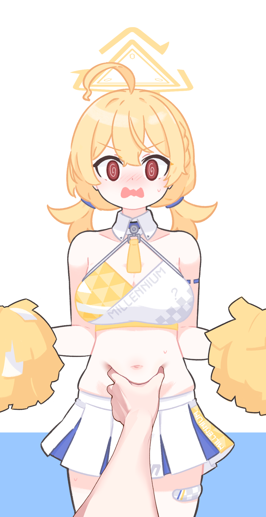 1girl, 1other, @_@, belly_grab, blonde_hair, blue_archive, breasts, chamchi-mayo, cheerleader, cleavage, commentary_request, halo, highres, kotori_(blue_archive), kotori_(cheer_squad)_(blue_archive), medium_breasts, midriff, navel, official_alternate_costume, open_mouth, pom_pom_(cheerleading), red_eyes, short_hair, solo_focus, triangle_halo, wavy_mouth