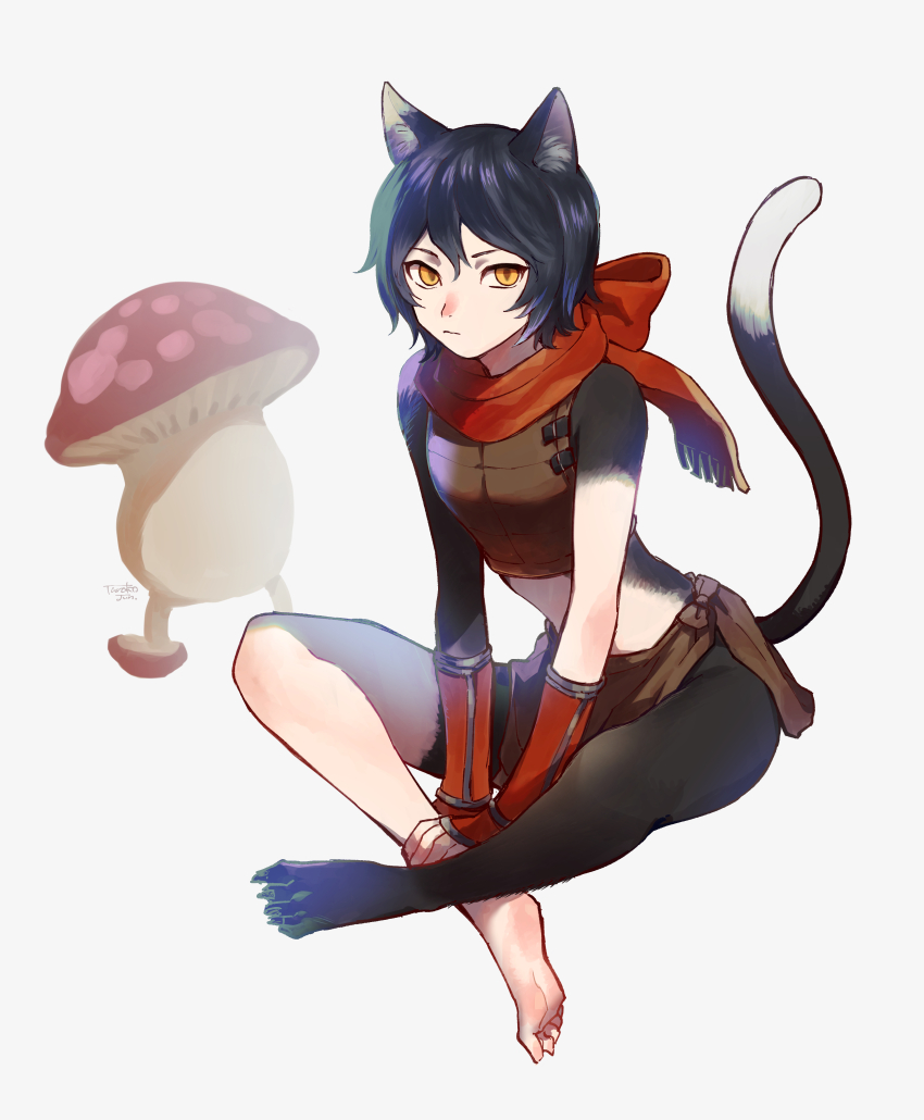 1girl, 1other, absurdres, arm_guards, armor, barefoot, black_fur, black_hair