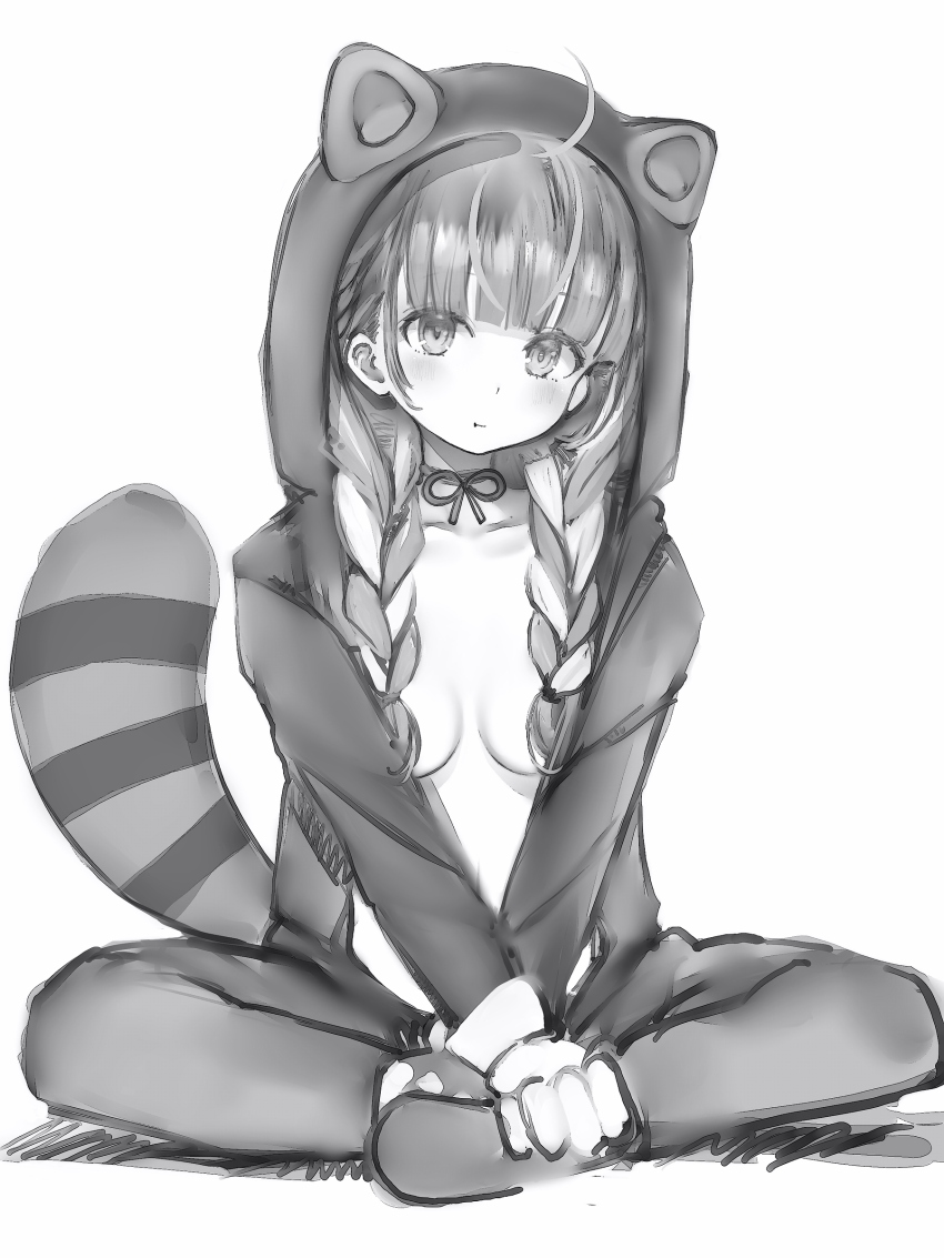 1girl, :t, absurdres, ahoge, animal_costume, blunt_bangs, braid, breasts