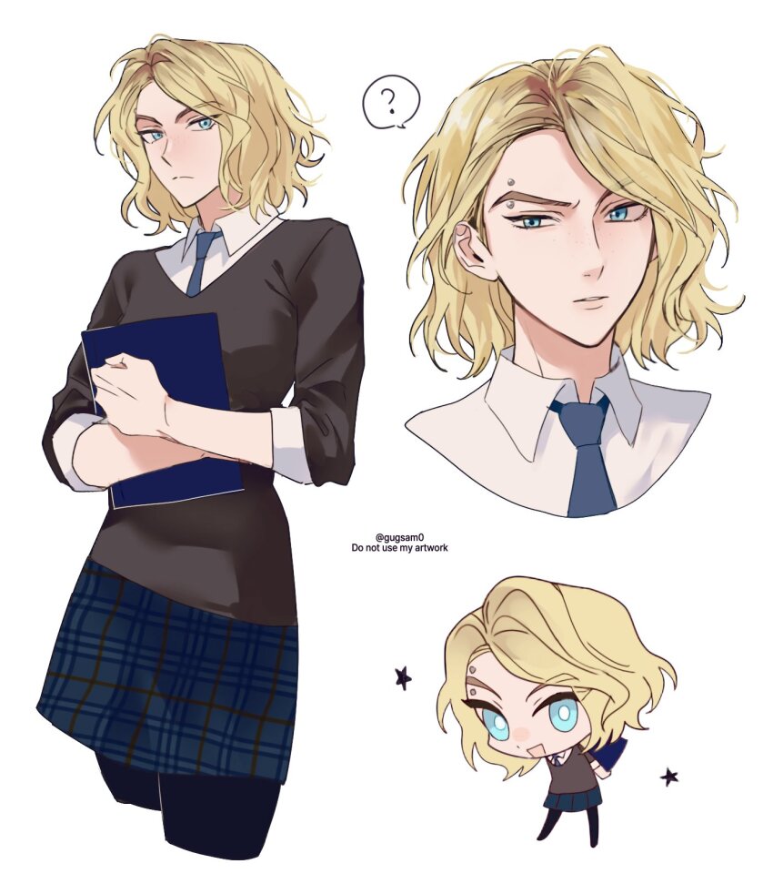 1girl, ?, arms_behind_head, artist_name, black_pantyhose, blonde_hair, blue_eyes, blue_necktie, blue_skirt, book, brown_sweater, chibi, closed_mouth, collared_shirt, cropped_legs, english_text, full_body, gugusam0, gwen_stacy, highres, holding, holding_book, long_sleeves, looking_at_viewer, marvel, necktie, open_mouth, pantyhose, piercing, plaid_clothes, plaid_skirt, school_uniform, shirt, short_hair, simple_background, skirt, smile, solo, speech_bubble, spider-man_(series), spider-verse, standing, star_(symbol), sweater, teeth, upper_body, v-shaped_eyebrows, white_background, white_shirt