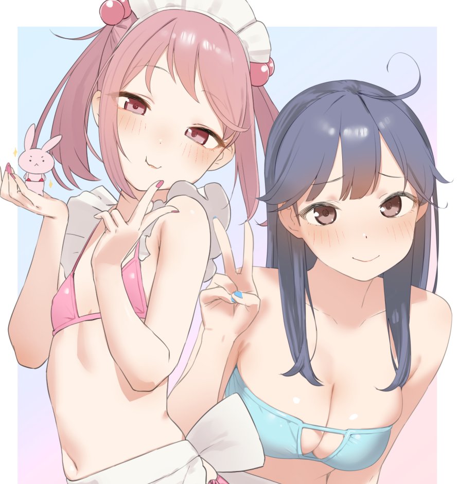 2girls, ahoge, armpit_crease, beads, bikini, black_hair, blush, breasts, brown_eyes, cleavage, closed_mouth, frilled_bikini, frills, hair_beads, hair_ornament, hands_up, head_tilt, holding, holding_ornament, kantai_collection, large_breasts, long_hair, looking_at_viewer, maid_headdress, medium_hair, multiple_girls, nail_polish, pink_bikini, pink_hair, pink_nails, rabbit_ornament, red_eyes, sakiecho, sazanami_(kancolle), short_twintails, sidelocks, small_breasts, smile, sparkle, swept_bangs, swimsuit, twintails, upper_body, ushio_(kancolle), v