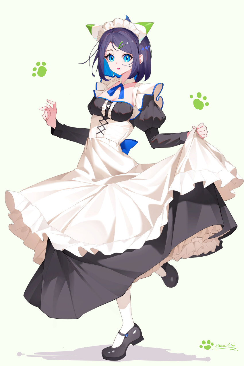 1girl, :o, absurdres, alternate_costume, apron, black_dress, black_hair, black_shoes