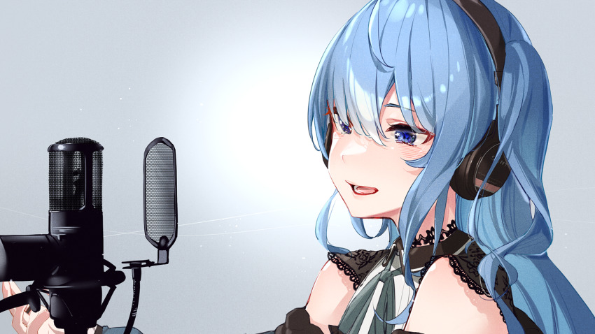 1girl, blue_eyes, blue_hair, blush, from_side, headphones, highres, hololive