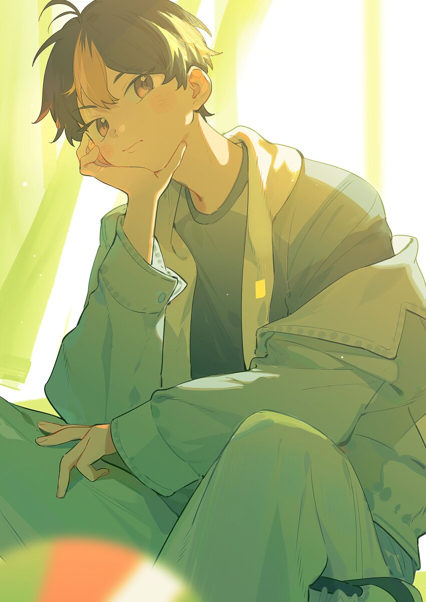 1boy, absurdres, annsmow, black_hair, blue_jacket, blurry, brown_eyes, closed_mouth