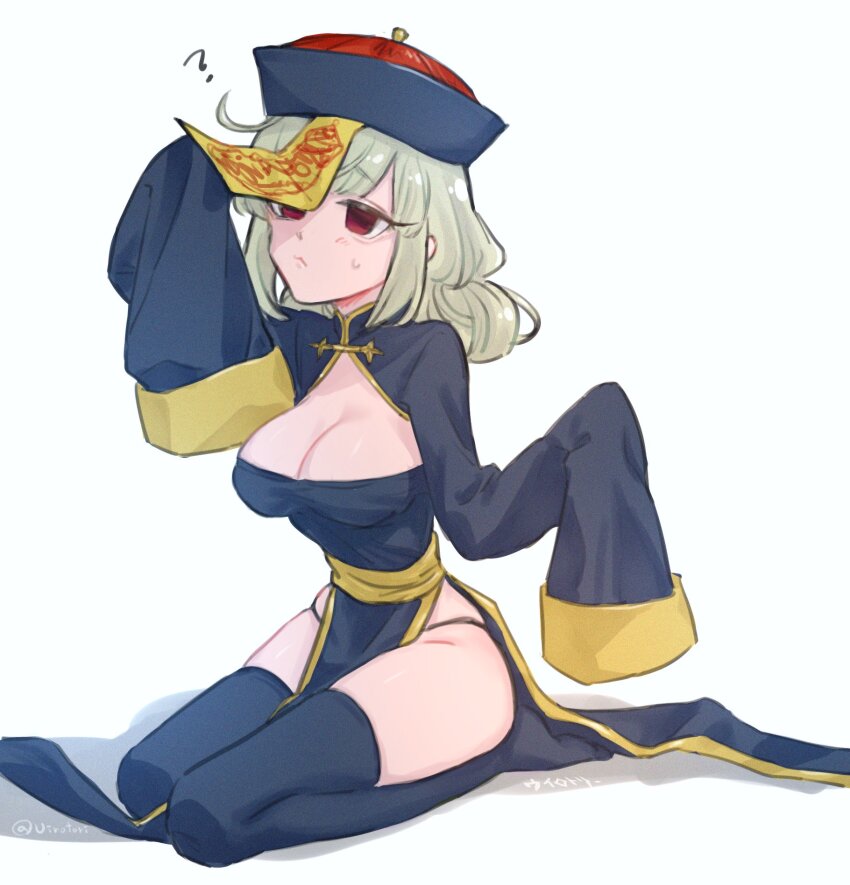 1girl, ?, araga_kiwi, black_panties, black_thighhighs, blonde_hair, blush, breasts, china_dress, chinese_clothes, closed_mouth, dress, groin, hand_up, highres, jiangshi, large_breasts, long_hair, long_sleeves, mahou_shoujo_ni_akogarete, no_shoes, ofuda, ofuda_on_head, panties, pelvic_curtain, red_eyes, seiza, shiny_skin, sitting, sleeves_past_fingers, sleeves_past_wrists, solo, thighhighs, translation_request, uiro_tori, underwear