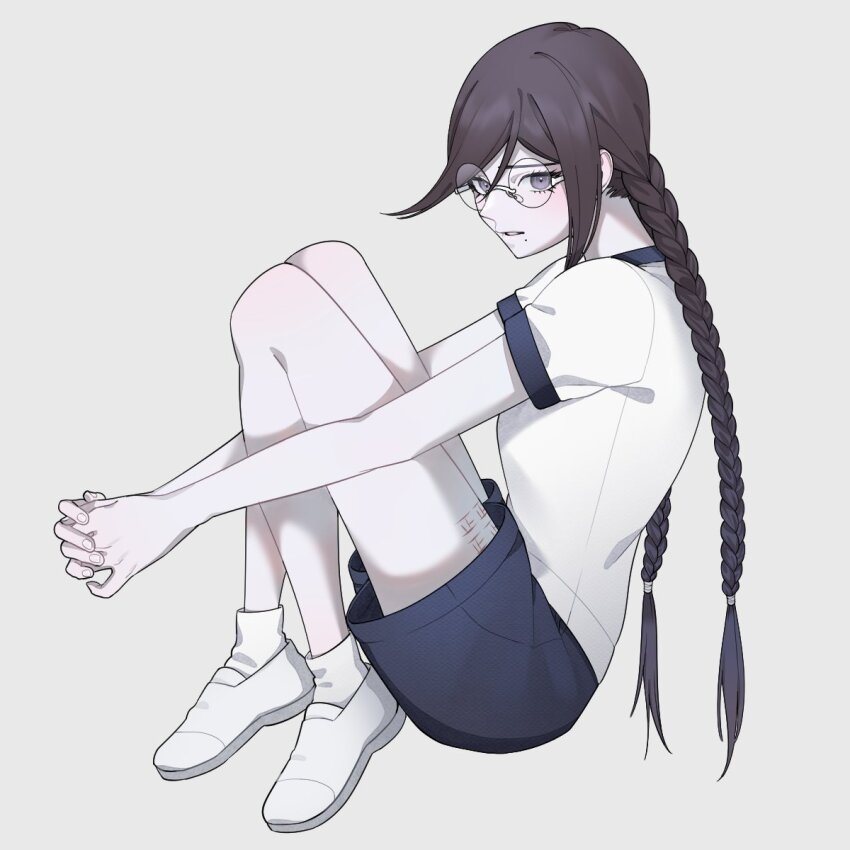 1girl, alternate_costume, black_hair, blue_shorts, blush, body_blush, braid, danganronpa:_trigger_happy_havoc, danganronpa_(series), eyelashes, from_side, fukawa_toko, glasses, grey_background, highres, interlocked_fingers, knees_to_chest, knees_together_feet_apart, knees_up, leg_tattoo, ling_yun_(amadare0803), long_hair, looking_ahead, mole, mole_under_mouth, open_mouth, own_hands_clasped, own_hands_together, puffy_short_sleeves, puffy_sleeves, purple_eyes, round_eyewear, shirt, short_shorts, short_sleeves, shorts, simple_background, sitting, socks, solo, sportswear, tattoo, teeth, twin_braids, twintails, white_footwear, white_shirt, white_socks