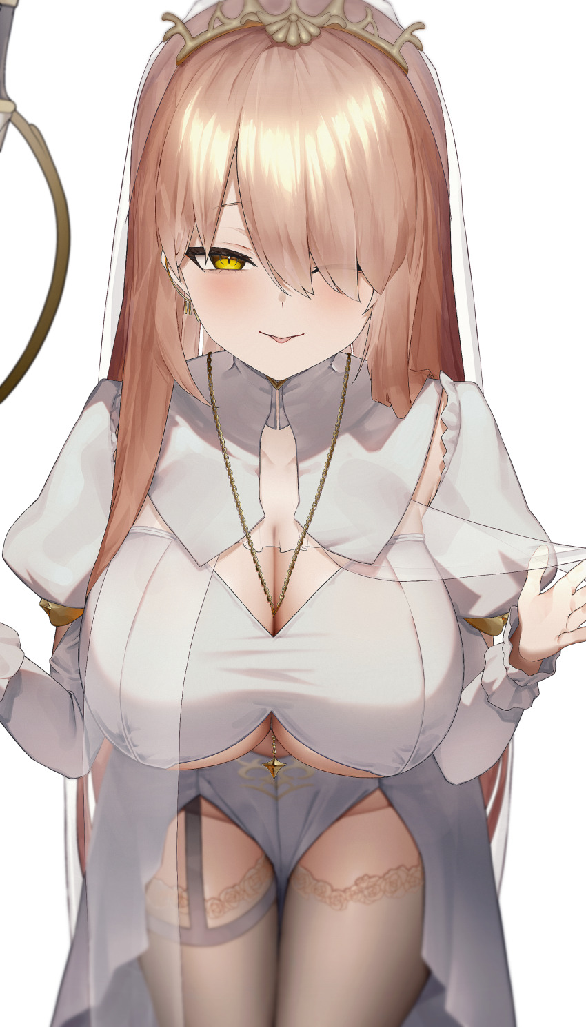 1girl, absurdres, amatou_(ko_me_9), blonde_hair, blush, breast_curtains, breasts, brown_thighhighs