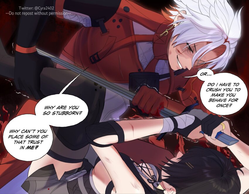 1boy, 1girl, bare_shoulders, black_dress, black_gloves, black_hair, breasts, colored_inner_hair