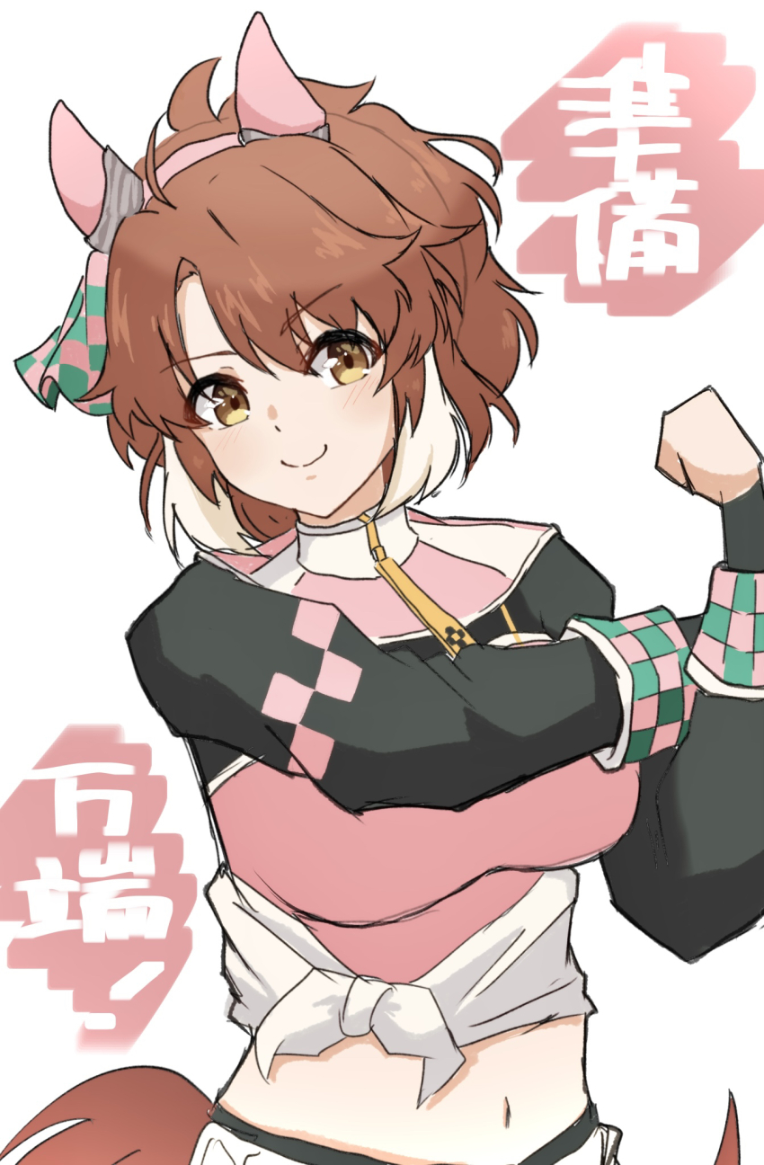 1girl, ahoge, animal_ears, breasts, brown_hair, dantsu_flame_(center_spotlight)_(umamusume), dantsu_flame_(umamusume), ear_covers