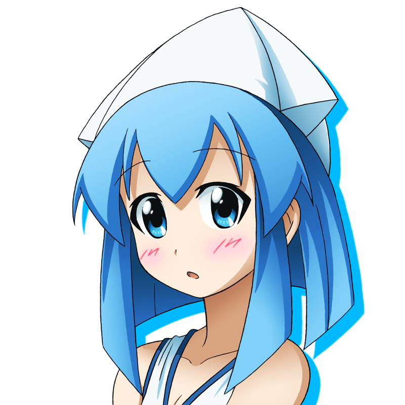 alternate_hairstyle, blue_eyes, blue_hair, dress, hat, ikamusume, ma-shin, shinryaku!_ikamusume, short_hair, solo