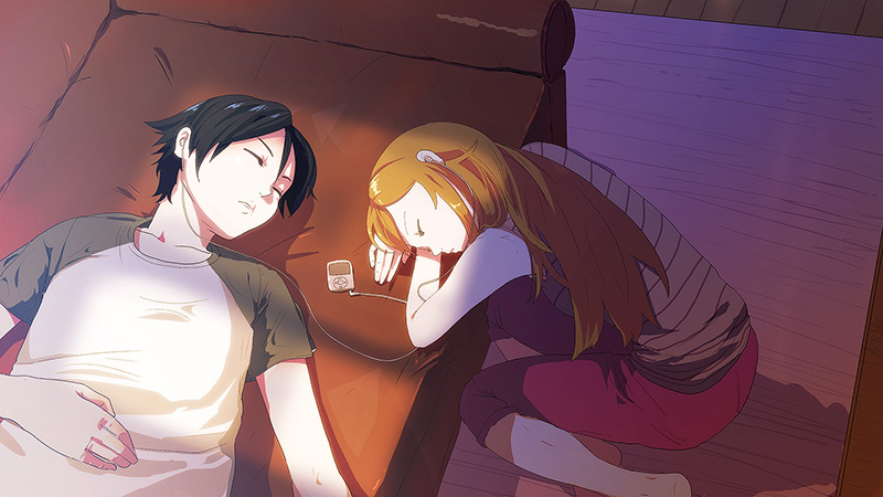 1boy, 1girl, bad_id, bad_pixiv_id, black_hair, brother_and_sister, casual, couch, mp3_player, earphones, ipod, kousaka_kirino, kousaka_kyousuke, liran_(iro), long_hair, orange_hair, ore_no_imouto_ga_konna_ni_kawaii_wake_ga_nai, product_placement, raglan_sleeves, ranmaru_(iro), short_hair, siblings, sleeping