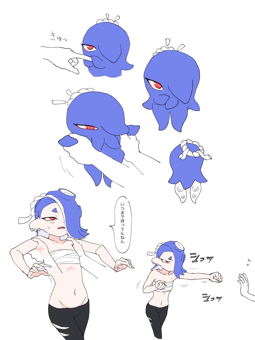 1girl, 1other, absurdres, alternate_form, animal, black_pants, blue_hair, blush