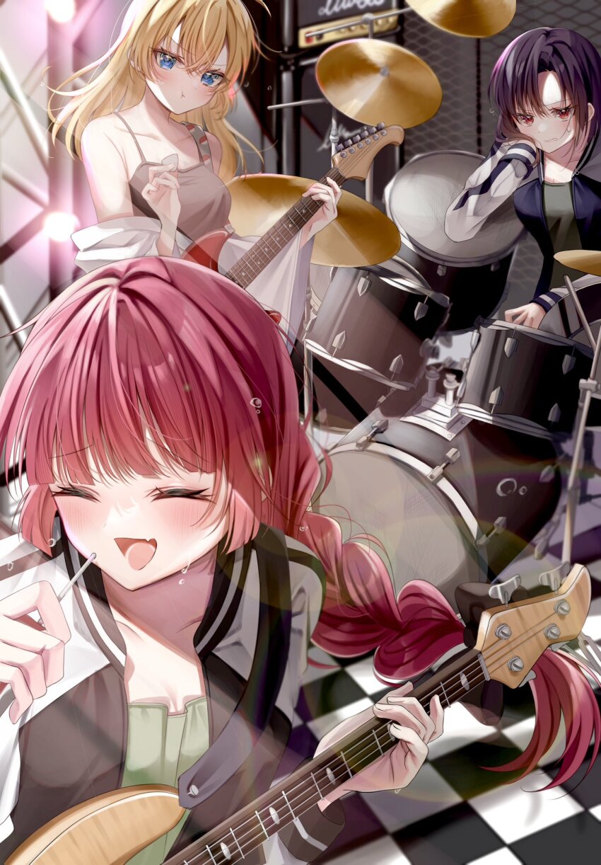 3girls, :d, alcohol, alcohol_carton, amplifier, band_(music), bass_guitar, black_jacket, blonde_hair, blue_eyes, blue_jacket, blush, bocchi_the_rock!, braid, carton, checkered_floor, closed_eyes, commentary_request, dress, drink_carton, drinking_straw, drum, drum_set, drunk, electric_guitar, green_dress, grey_dress, guitar, highres, hiroi_kikuri, holding, holding_plectrum, instrument, iwashita_shima, jacket, kigurui_kkr, long_hair, multicolored_jacket, multiple_girls, open_clothes, open_jacket, open_mouth, plectrum, pout, purple_hair, red_eyes, shimizu_eliza, short_hair, sick_hack, single_braid, smile, two-tone_jacket, white_jacket, yamaha_trb