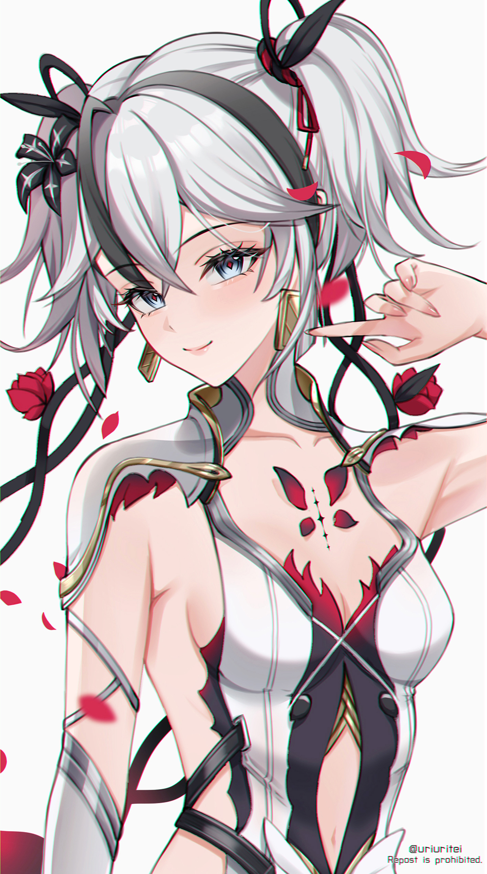 1girl, armpits, black_bow, black_eyes, black_flower, bow, breasts, camellya_(wuthering_waves), cleavage, clothing_cutout, collarbone, commentary, crossed_bangs, earrings, flower, hair_between_eyes, hair_bow, hair_flower, hair_ornament, highres, jewelry, looking_at_viewer, medium_breasts, medium_hair, multicolored_hair, multiple_hair_bows, navel, navel_cutout, red_flower, red_pupils, side_cutout, sidelocks, smile, solo, streaked_hair, tacet_mark_(wuthering_waves), twintails, twitter_username, upper_body, uriuritei, white_hair, white_sleeves, wuthering_waves
