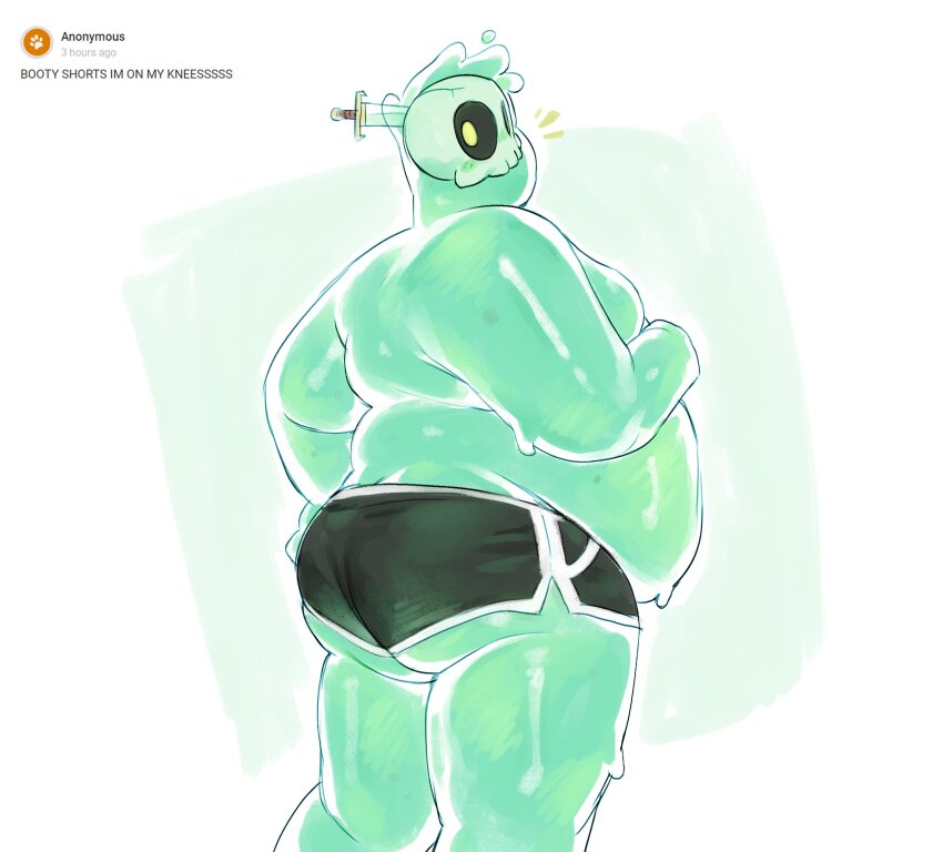 1boy, ass, bara, big_belly, colored_skin, dolphin_shorts, doug_(monster_prom), english_text